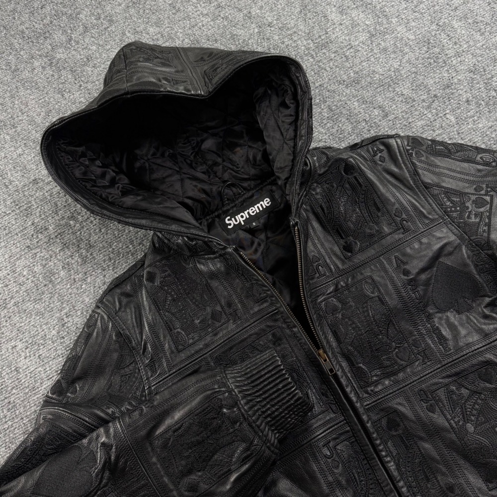 Supreme Court Cards Leather Hooded Jacket Small Black Embroidered Men's